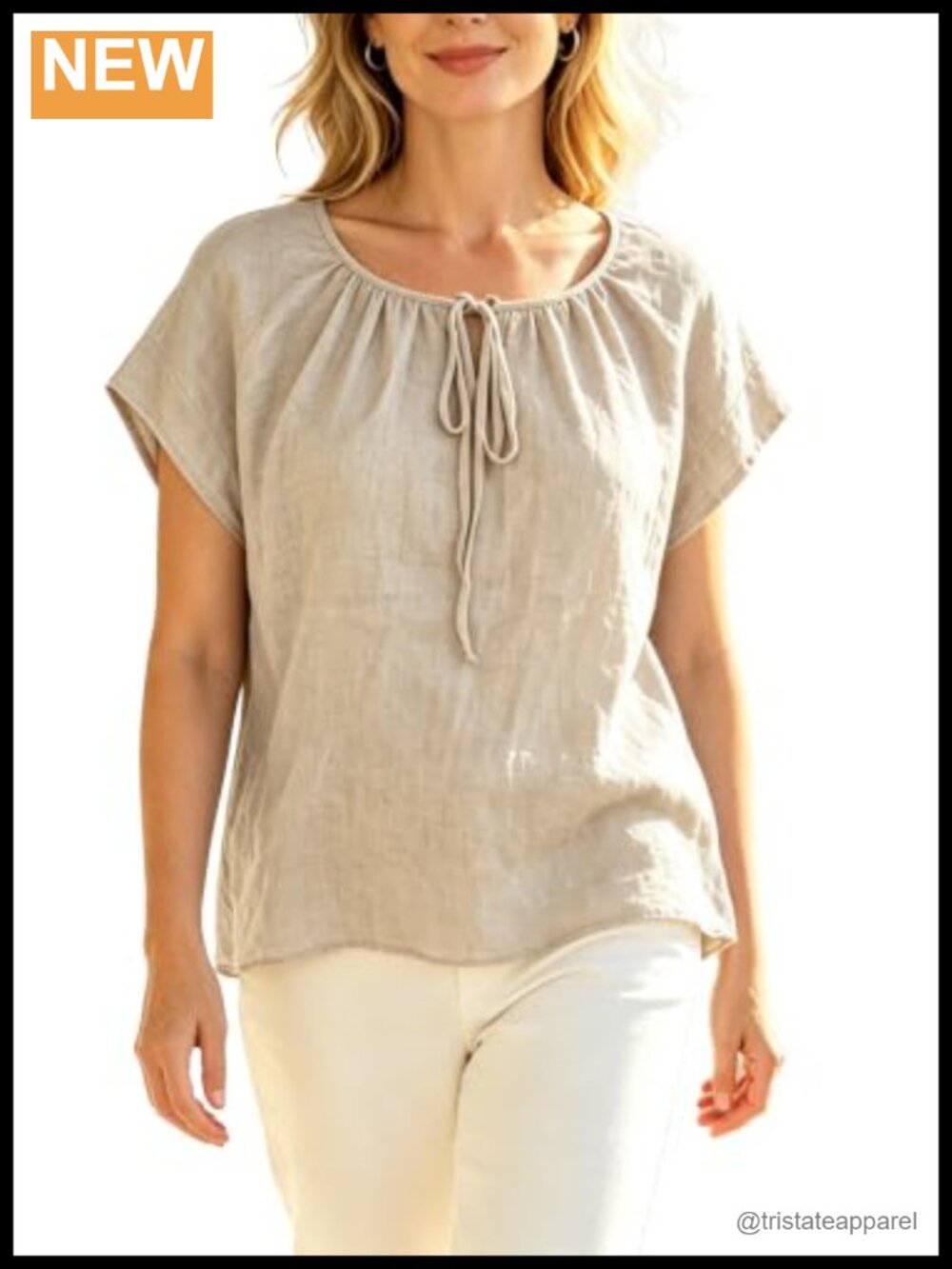100% Linen Sleeveless Blouse Drawstring Neckline Relaxed Fit Summer Top